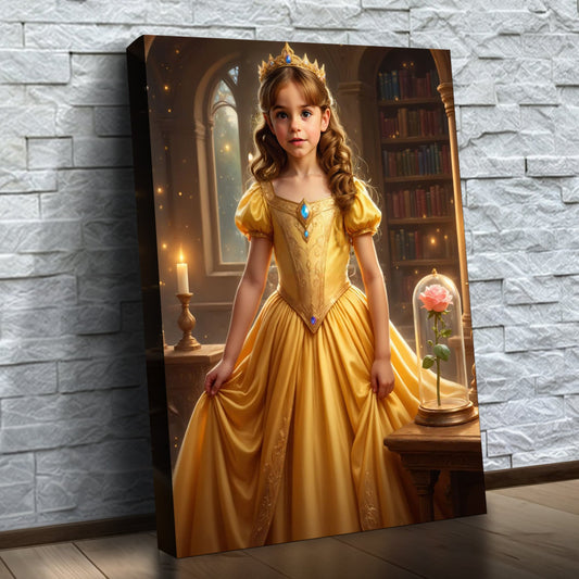 A Bela e a Rosa Encantada – quadro canvas personalizado com o rosto da criança, na parede