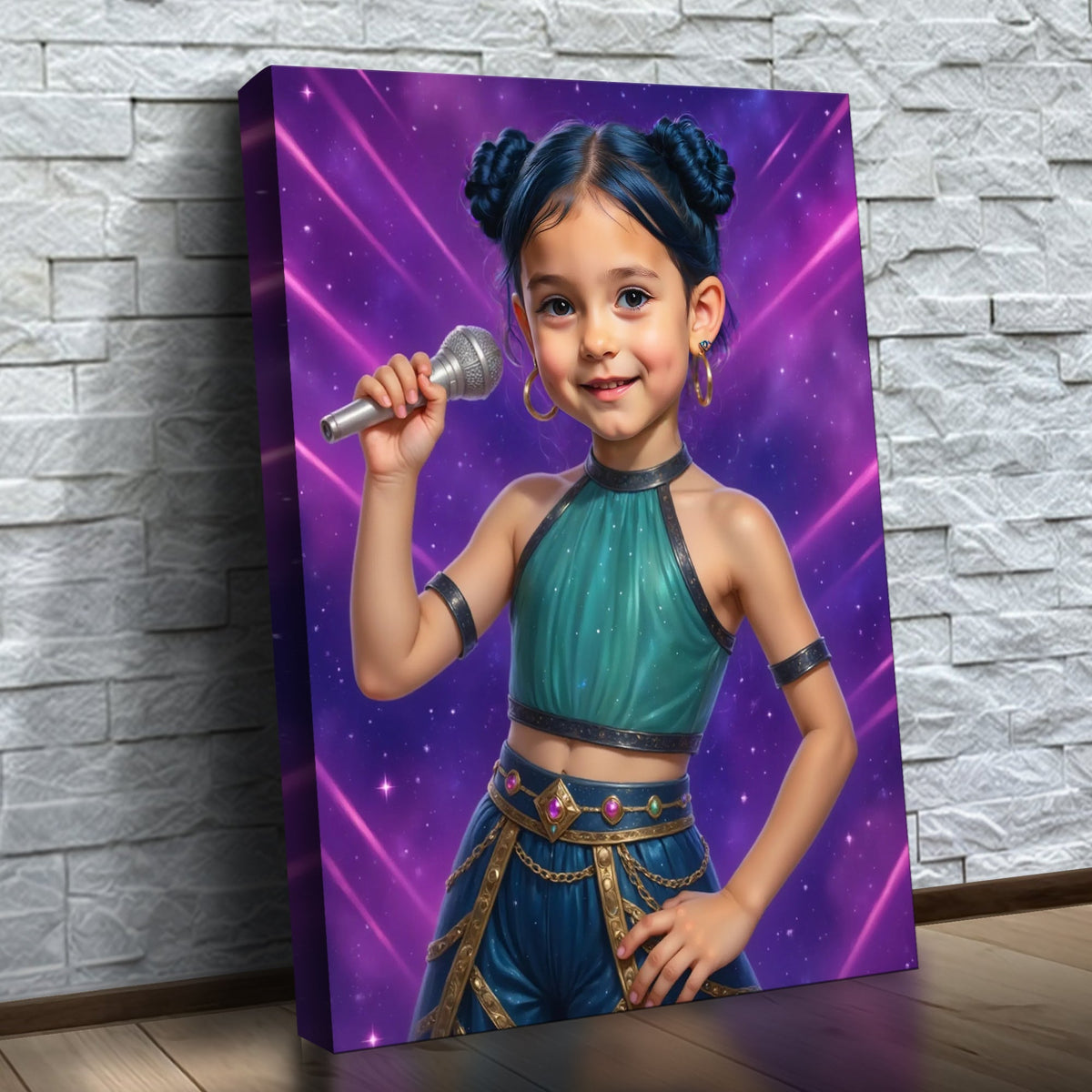 A Estrela do K-Pop – quadro canvas personalizado com o rosto da criança, na parede