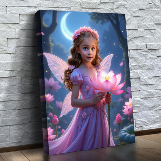 A Fada da Flor de Lótus – quadro canvas personalizado com o rosto da criança, na parede