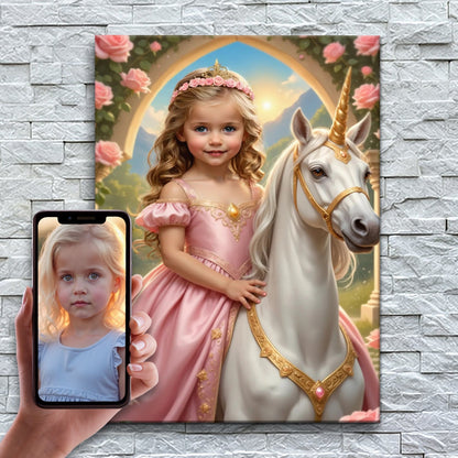 A Pequena Princesa do Unicórnio – antes e depois: a foto enviada e o quadro pronto