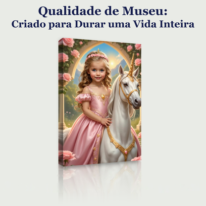 A Pequena Princesa do Unicórnio – quadro canvas personalizado, qualidade de museu, criado para durar uma vida inteira
