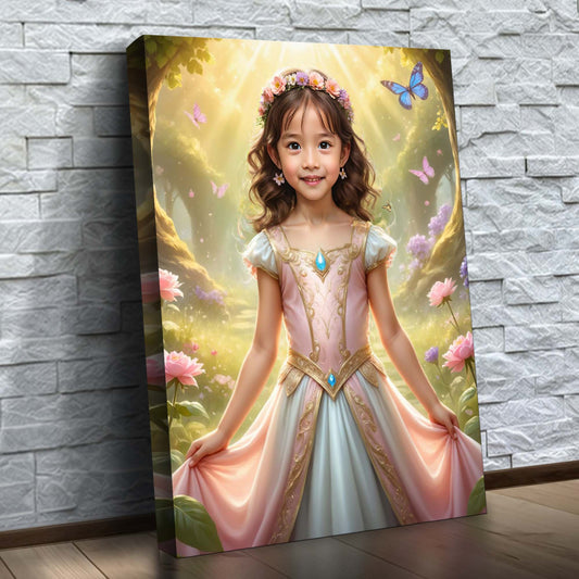 A Princesa da Primavera – quadro canvas personalizado com o rosto da criança, na parede