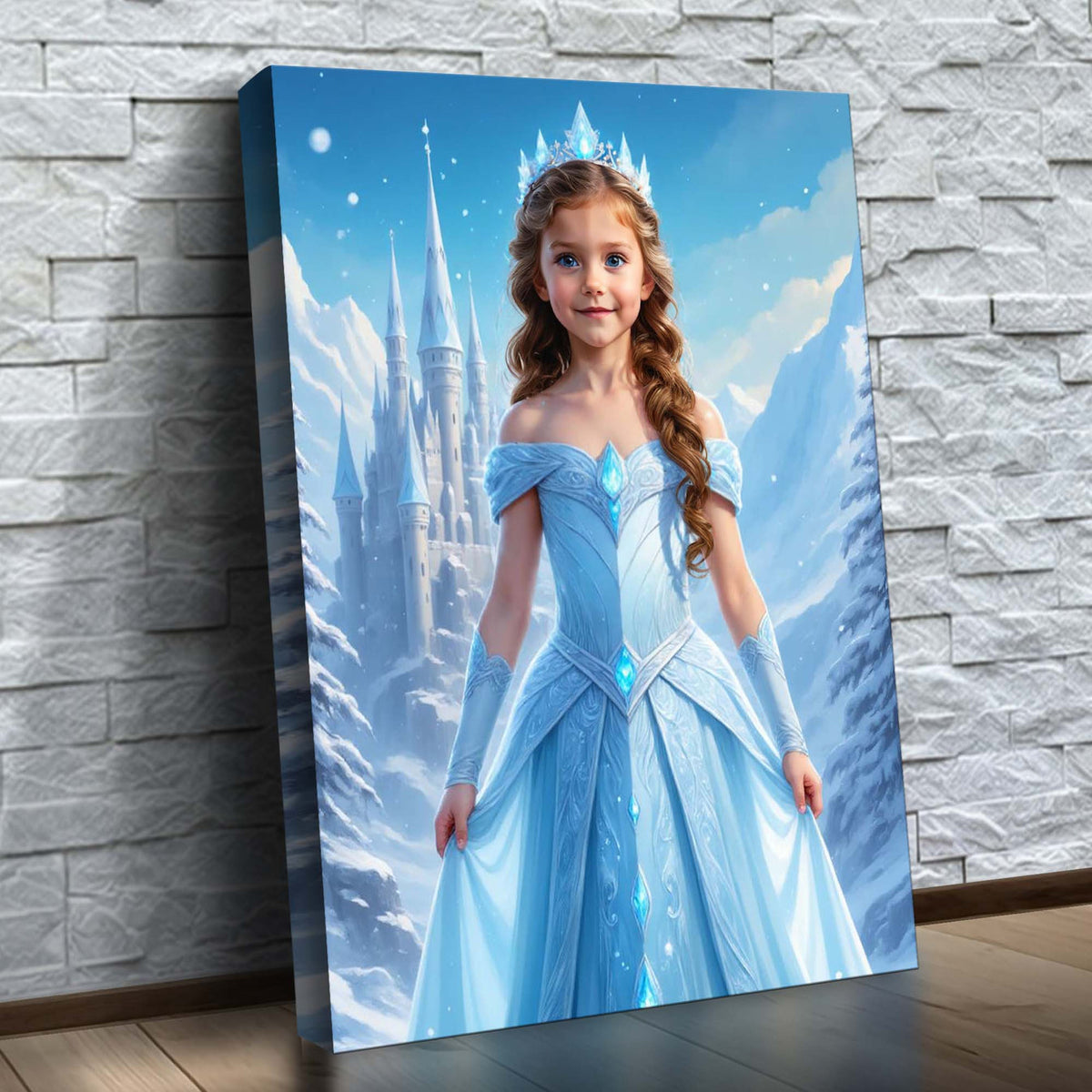 A Princesa do Gelo – quadro canvas personalizado com o rosto da criança, na parede