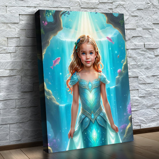 A Princesa do Reino de Coral – quadro canvas personalizado com o rosto da criança, na parede