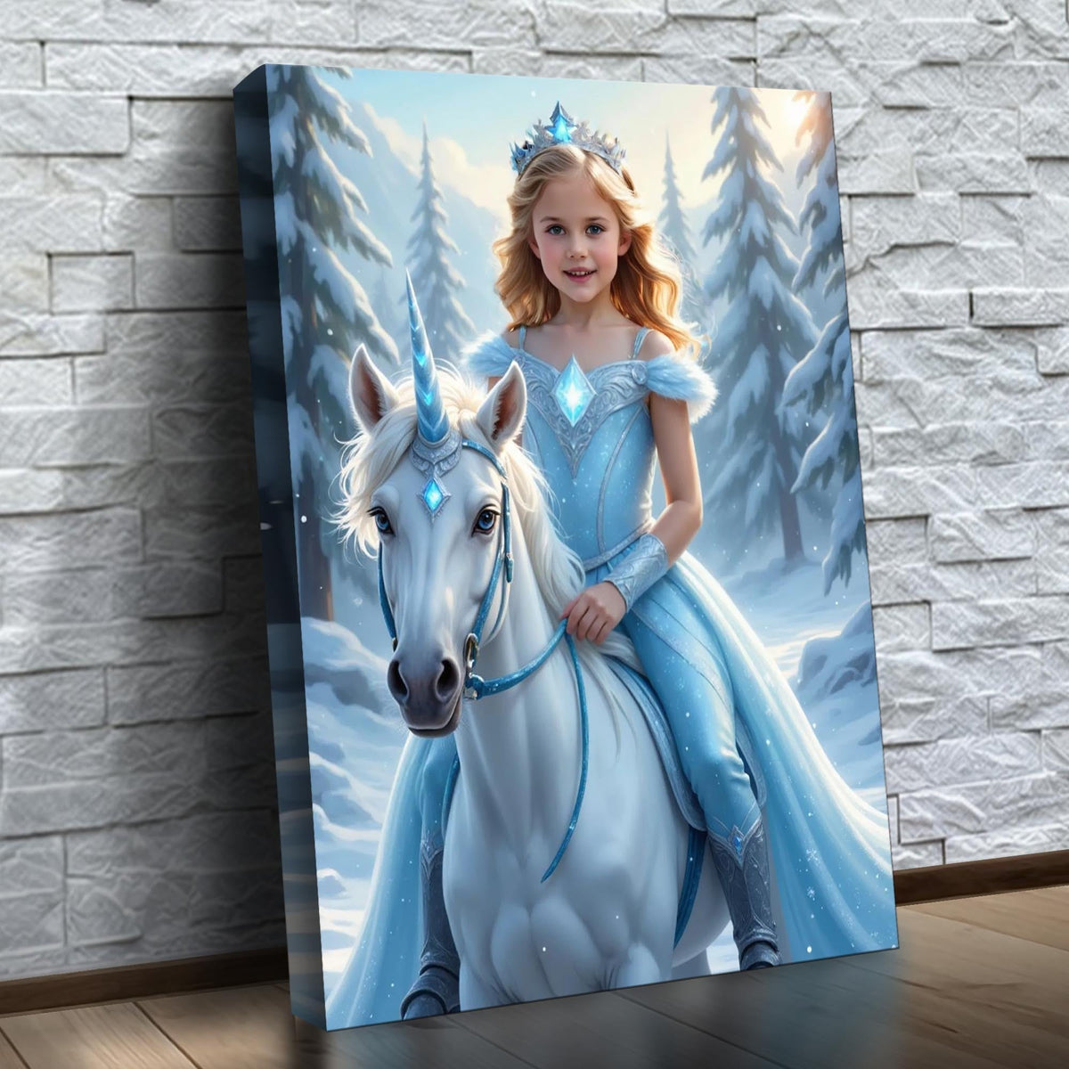 A Princesa do Unicórnio de Gelo – quadro canvas personalizado com o rosto da criança, na parede