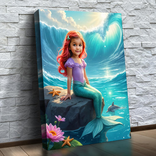A Princesa dos Golfinhos – quadro canvas personalizado com o rosto da criança, na parede