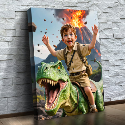 O Aventureiro dos Dinossauros – quadro canvas personalizado com o rosto da criança, na parede