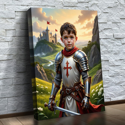 O Cavaleiro Cruzado – quadro canvas personalizado com o rosto da criança, na parede