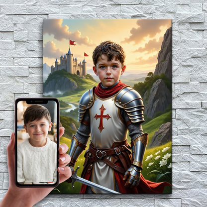 O Cavaleiro Cruzado – antes e depois: a foto enviada e o quadro pronto