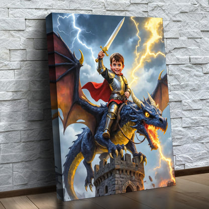 O Cavaleiro do Dragão da Tempestade – quadro canvas personalizado com o rosto da criança, na parede