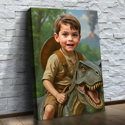 O Cavaleiro dos Dinossauros – quadro canvas personalizado com o rosto da criança, na parede