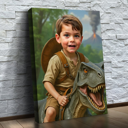 O Cavaleiro dos Dinossauros – quadro canvas personalizado com o rosto da criança, na parede