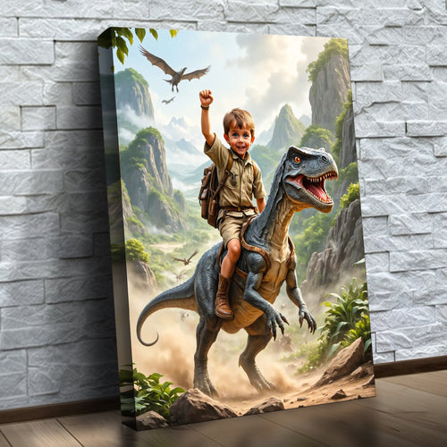 O Domador de Dinossauros – quadro canvas personalizado com o rosto da criança, na parede