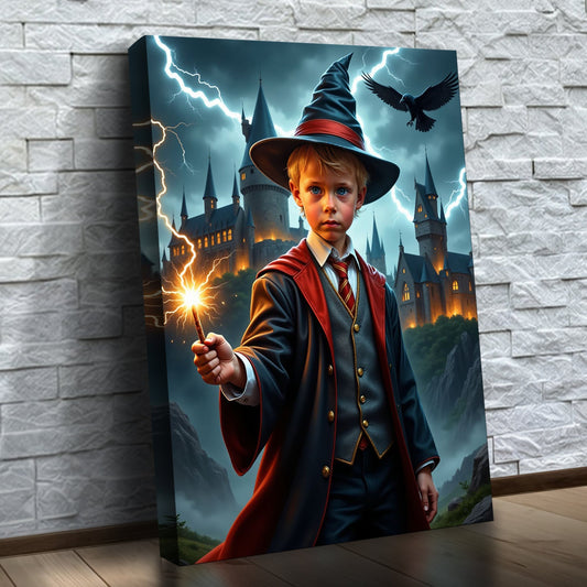 O Pequeno Bruxo – quadro canvas personalizado com o rosto da criança, na parede