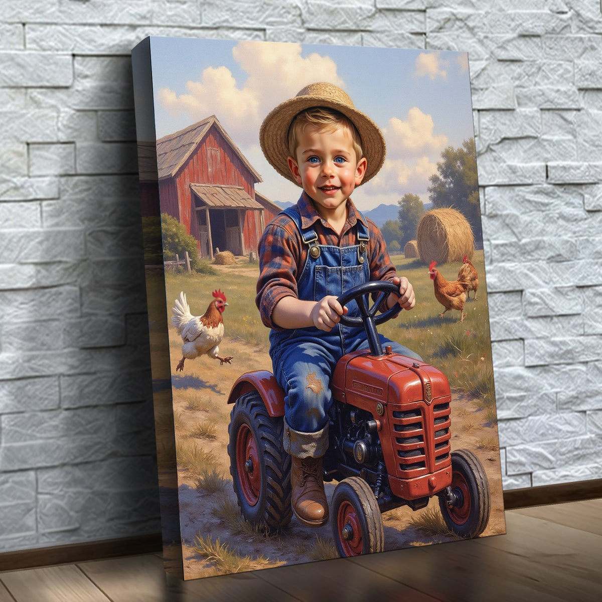 O Pequeno Fazendeiro – quadro canvas personalizado com o rosto da criança, na parede