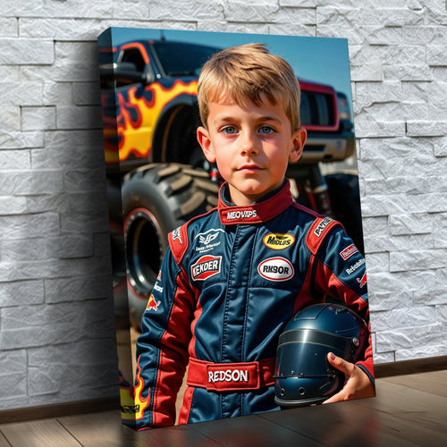 O Piloto do Monster Truck – quadro canvas personalizado com o rosto da criança, na parede